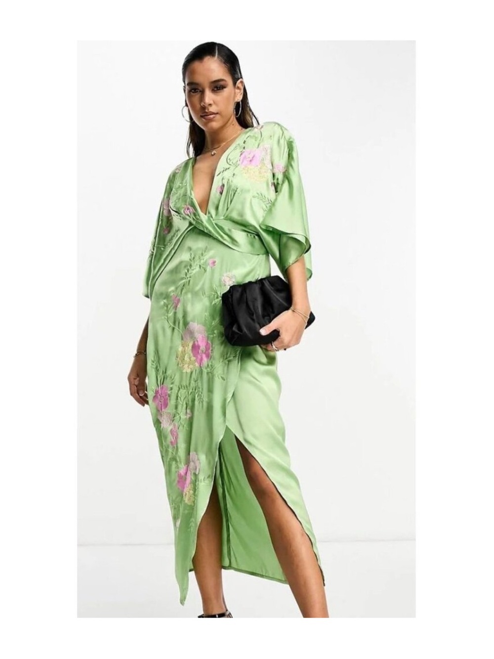Gorgeous Satin Green Floral Embroidered Dress - Picture 6 of 6
